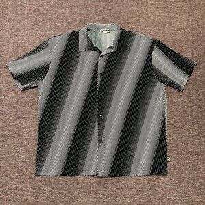 YMLA Shirt Mens Size L White Black Striped Casual Short Sleeve Button Up